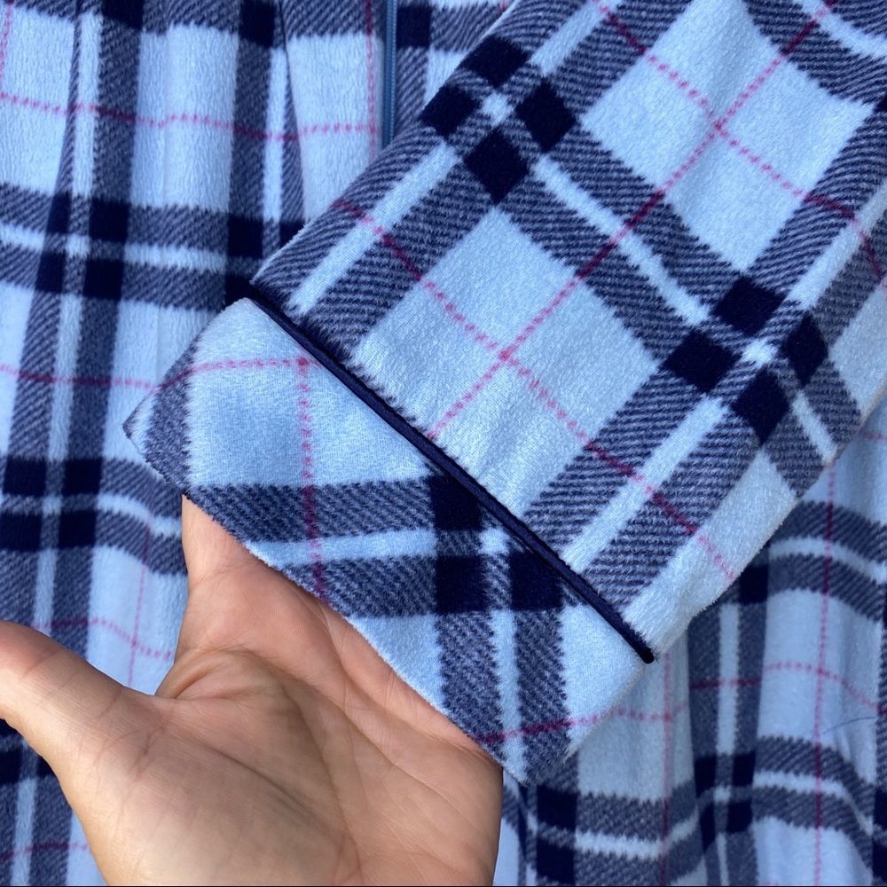 Blue Plaid Fleece Zip Up Embroidered Robe/Night Dress with Pockets Size Large - Picture 5 of 12
